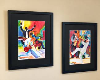 Pair of framed jazz musician artworks by Deborah Hoover