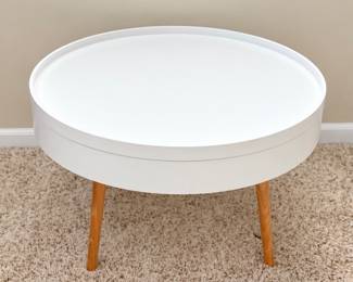 Round storage accent table with a removable white tray-style top, black interior compartment 20" round x 15" H