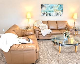Matching caramel-tan sofa, loveseat and chair & ottoman