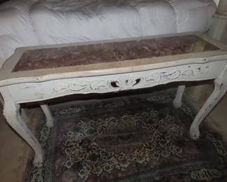 Shabby chic sofa table with marble inlay.