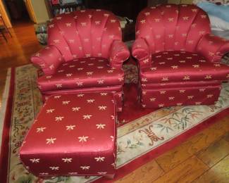 Two matching armchairs with dragon fly fabric, one footstool.