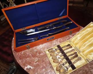Japanese Sword carving set. silverplate tea spoons.