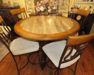 Tall dining table/marble center with 5 tall chairs with matching marble insert.