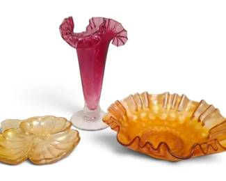 Cranberry Glass Ruffled Edge 8.5 Vase, Marigold Carnival Glass Bowl  Dish
