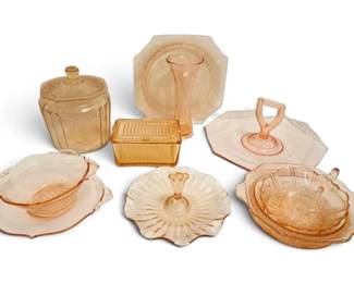 Pink Depression Glass Tidbit Trays, Bowls, Cookie Jar  More