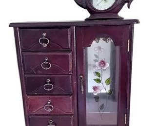 Handpainted Six Drawer Wood Jewelry Armoire With Teapot Clock