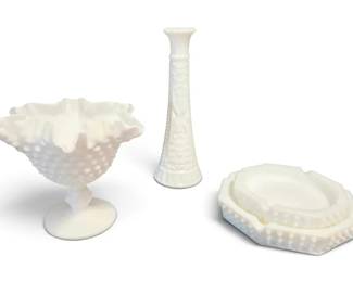 Imperial Glass Hobnail Milk Glass Pedestal Dish, Ashtrays,  Vase