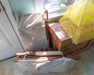 Set of two folding wood chairs with small tables. Never used.