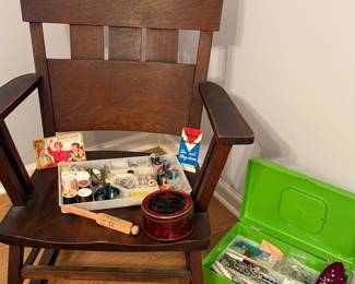 Solid wood rocking chair/vintage sewing box and sewing items