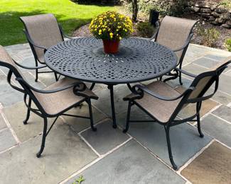 100. Outdoor Dining Set Table (54") and 4 Arm Chairs 