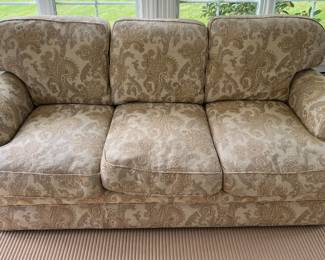 51. Sherrill Gold Toned Brocade 3 Cushion Sofa (81" x 36" x 37")