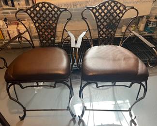 1. Pair of Metal Counter Stools w/ Lattice Back & Leather Cushions (22" x 25" x 39") (25" seat ht)