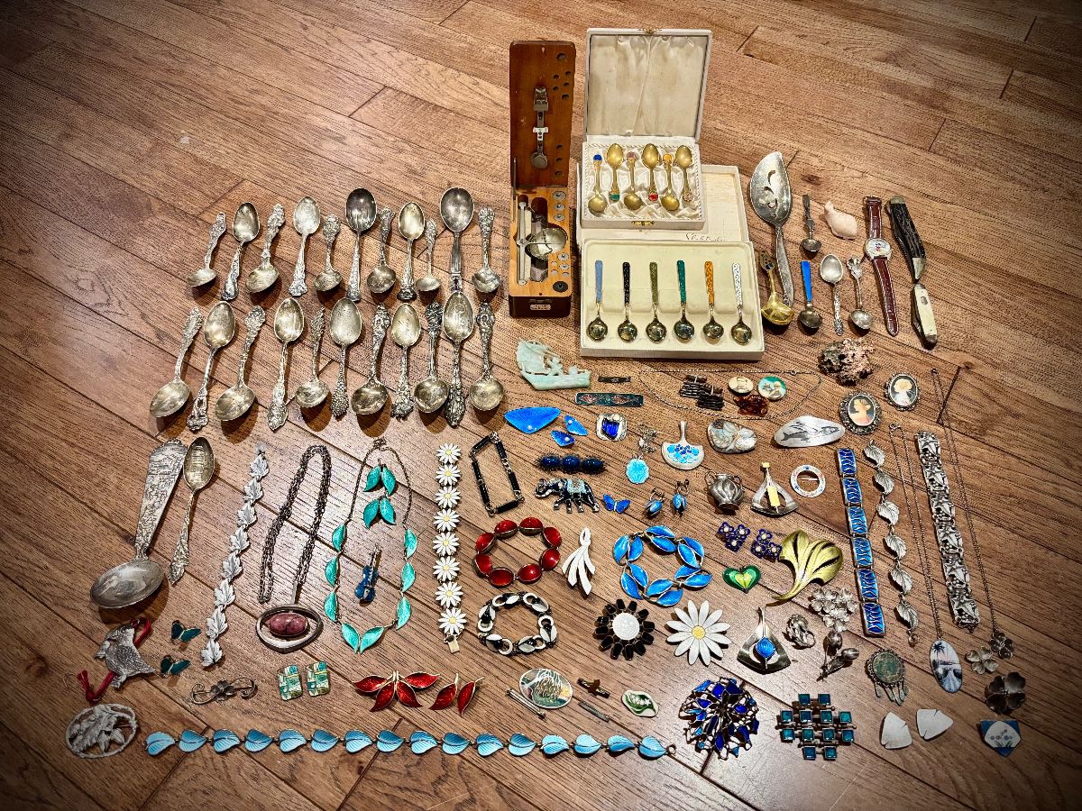 HUGE selection of gorgeous Sterling Silver and enamel jewelry, most from Norway!  Also, several Sterling spoons