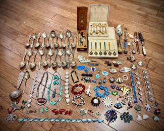 HUGE selection of gorgeous Sterling Silver and enamel jewelry, most from Norway! Also, several Sterling spoons
