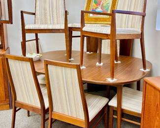 Dillingham Danish modern dining table with 3 leaves and 8 chairs