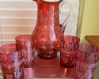 Cranberry Glass Pitcher and 4 Matching Tumblers 