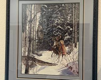 Framed and matted limited edition print by Julie Kramer Cole, titled "The Messenger," depicting a Native American rider on horseback in a snowy forest with owls.