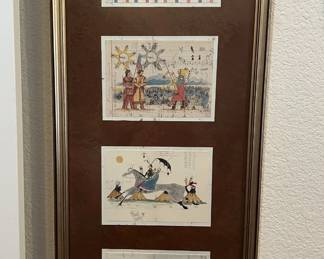 Framed collection of four Native American ledger art prints.