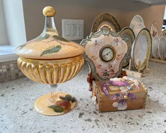 Lesley Roy Fruit Orchard decorative jar. Small collaged chest.