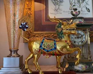 Chinese gilt brass & enamel Qilin figurine.