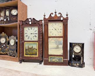 (left to right) Riley Whiting 30 Hour Shelfclock (1828-1835). Ives & Lewis (1821-1823). Iron body Victorian Era Clock.