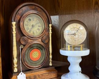 (left to right) E. Ingraham Co. Rosewood (1850s). Terryville Candlestick Clock, Milk glass.