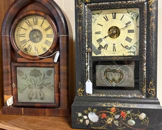 (left to right) EC Brewster Beehive Brass Fusee. Seth Thomas Ebonized 8 Day Shelf Clock