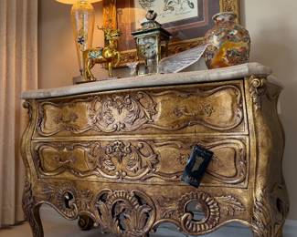 Ferguson Copeland - Louis XV style carved giltwood bombe chest (2)
