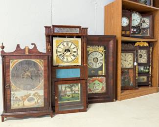 (left to right) Eli Terry Pillar and Scroll (parts inside). Chauncy Jerome Triple Decker Clock. JJ Beals, Boston (1840-1850s).