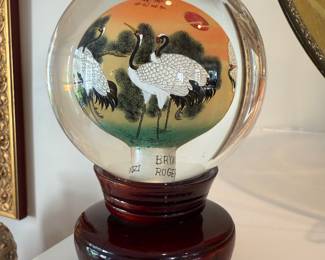 Chinese Reverse hand painted Glass Orb & Stand
