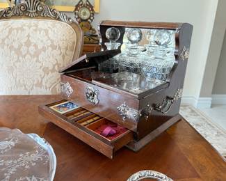 19th Century Victorian oak three-decanter tantalus and games compendium box