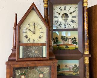 (left to right) Birge & Fuller "Wagon Spring" Double Steeple Clock. Forestville 8 Day Triple Decker (1830-1840s).