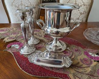 Silver plated candlesticks, champagne bucket, covered butter dish