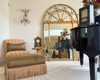 Striped armless slipper chair & fringed ottoman