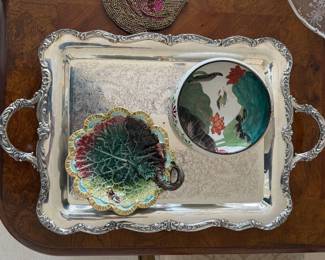 Wm. Rogers Vintage Silver-Plated Butler Serving Tray. (Left) Majolica Dish. (Right) Kyo-Yari Lotus Dish
