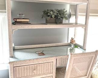 146. White Wicker 4 Drawer Desk w/ Glass Top & Chair (46" x 19" x 29")