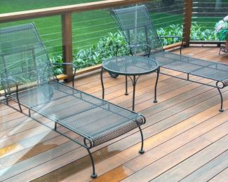 86. Pair of Wrought Iron Chaise Lounges and Side Table