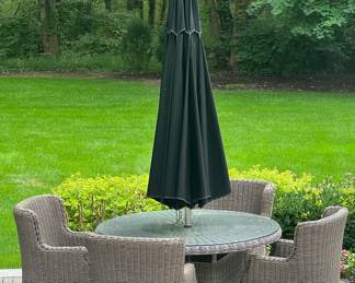 89. Akula All Weather Wicker Table w/ Glass Top, 4 Chairs, and Umbrella