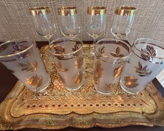 14. Set of 4 Highball Glasses w/ Gilt Leaves, 15. Set of 4 Etched Wine Glasses w/ Gilt Trim, 16. Authentic Avorazone Tray from Italy (16" x 13")