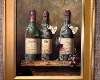 9. Signed Artwork by J. Swan of Vintage Wine Bottle (27" x 31")