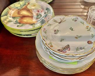 36. Set of 4 Bouquet Garni Plates from American Atelier (8"), 37. Set of 4 Villa d'Este Fruit Plates (8.5"), 38. Set of 4 Godinger & Co. Plates (6.5"), 39. Set of 4 Limoges Shoe Plates (8"),