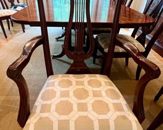 6. Henkel Harris Double Pedestal Dining Table (46" x 76" x 29") w/ 10 Chairs 2 Arm (24" x 25" x 40") 8 Side (21" x 25" x 39") w/ 2-22" Leaves and Pads