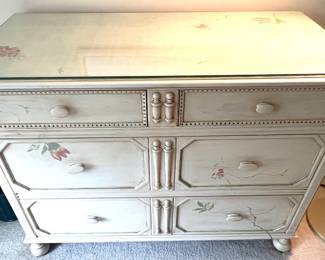 132. Antique 6 Drawer Hand Painted Dresser w/ Glass Top (46" x 21" x 34")