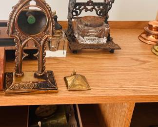 antique brass and cast iron desk accessories, ink well