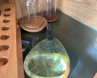 Glass display domes, green onyx pen holder/tray
