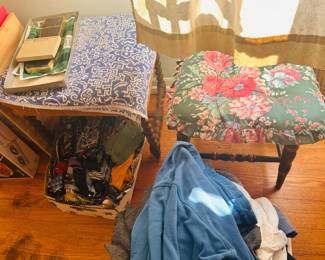 Wood stools, cushions, placemats