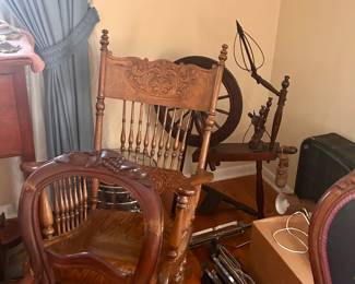 antique and vintage chairs, spinning wheel