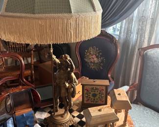 brass table lamp, clocks, decor