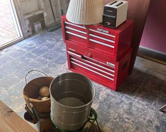 tool chest, toaster, lamp shade