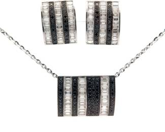 3.68 Carat Natural White & Fancy Black Diamond Pendant Necklace & Earrings Set in 18K White Gold